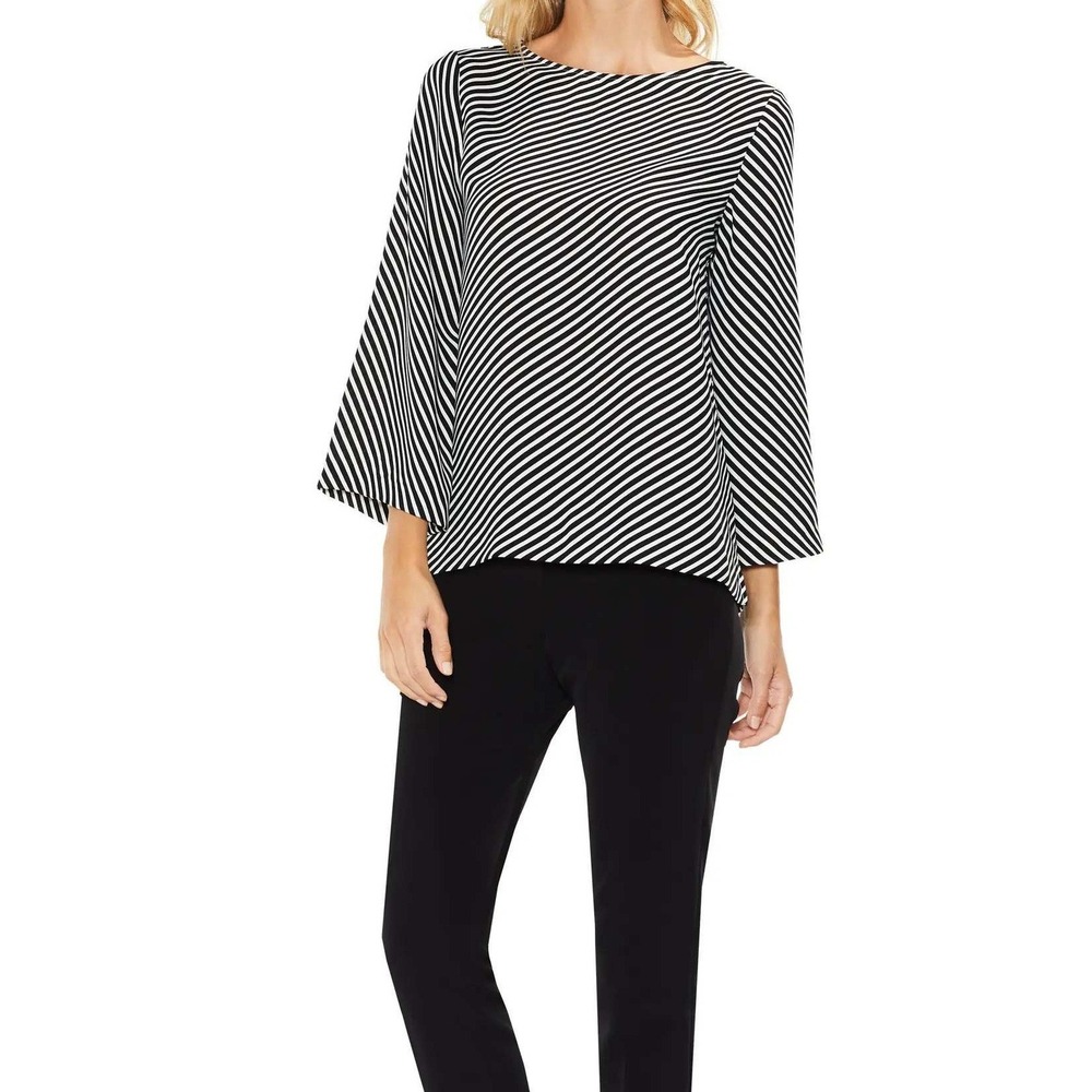 Vince Camuto Womens Small Black White Striped Boat Neck Bell Sleeve Blouse